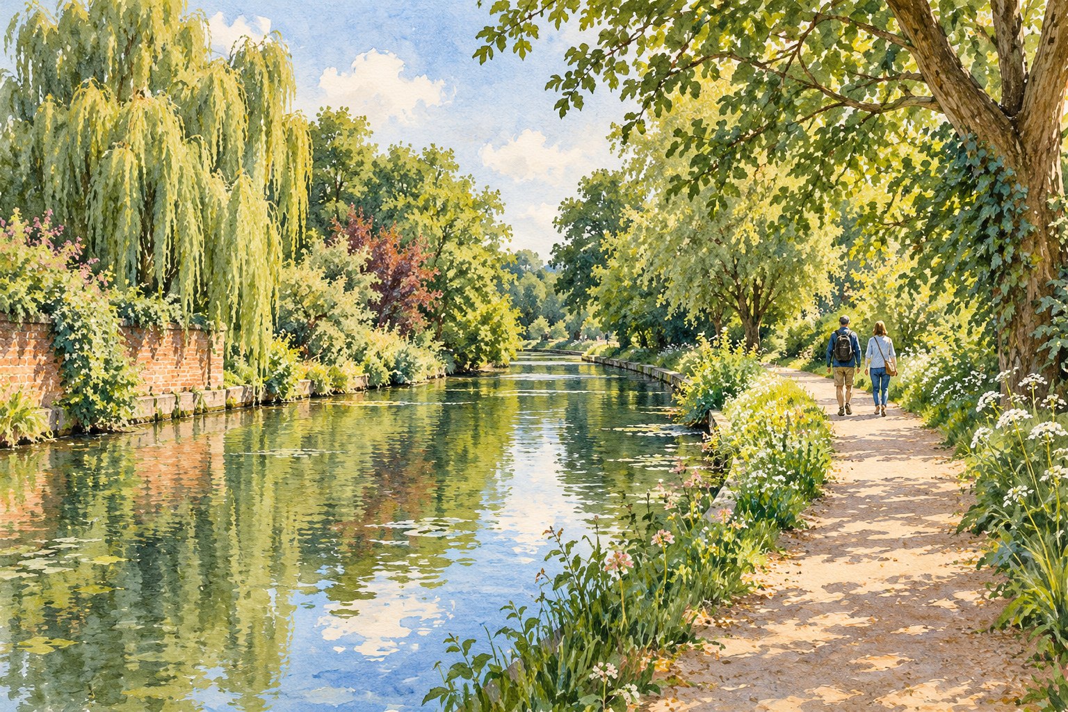 Representative watercolour illustration of a leafy waterside walk inspired by Enfield green spaces